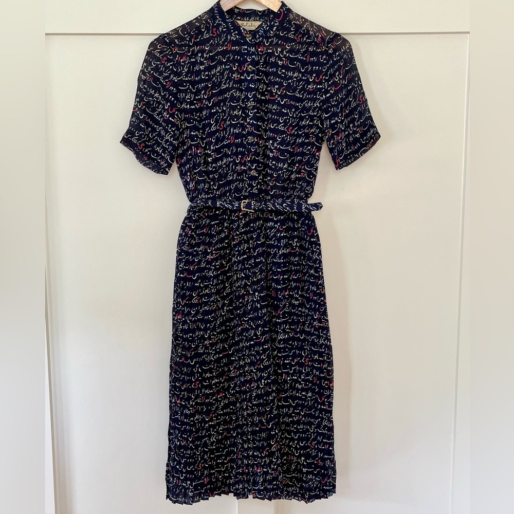 Vintage Navy Pattern Dress with Matching Belt